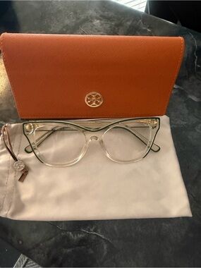 Tory Burch Clear Cat-Eye Glasses with Green Trim and Orange Case